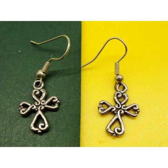 Celtic Cross Silver Tone Vertical Drop Dangle Hook Earrings Womans - Picture 2 of 3
